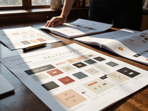 Visual identity design process showing logo creation, color palette selection and brand guideline development by creative designers
